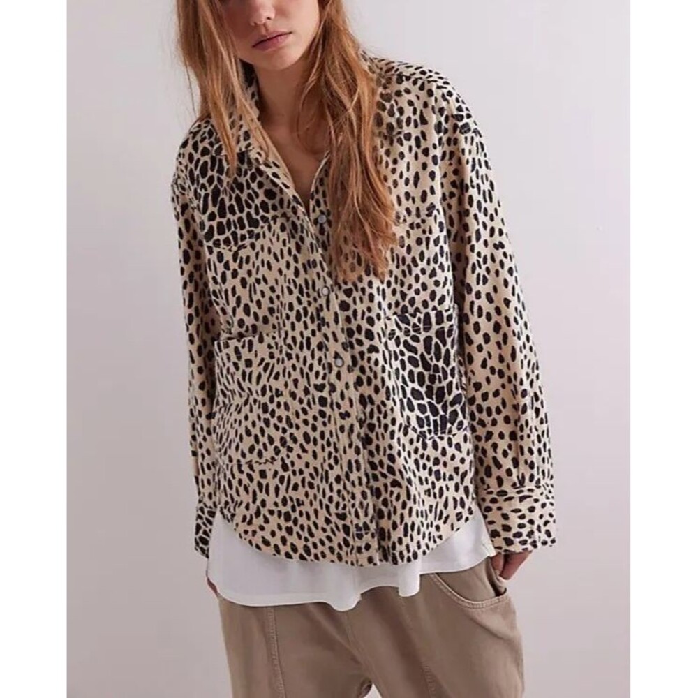 Free People We The Free Calico Flannel Shirt Top Snow Leopard Printed XL 286275